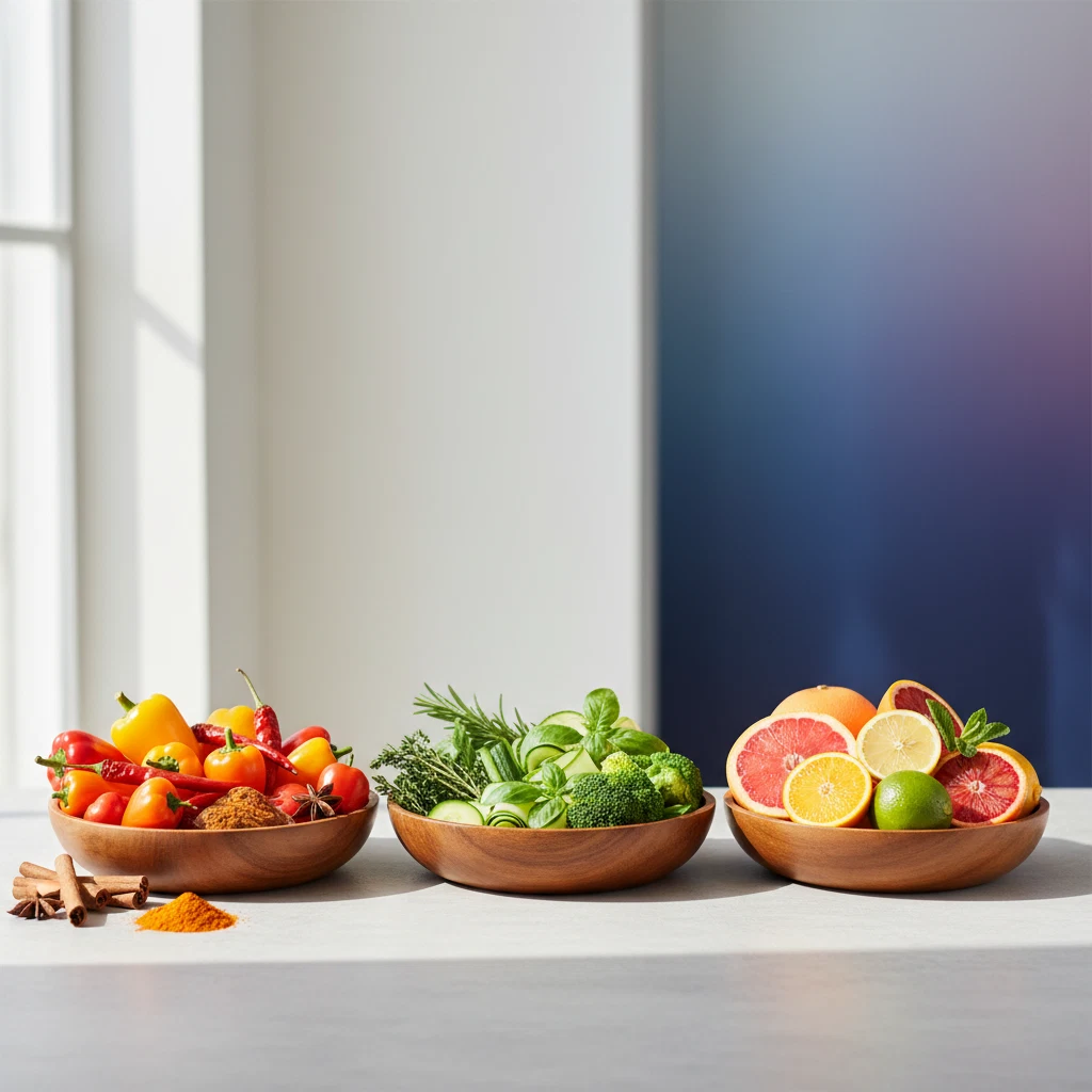 Three wooden bowls with herbs, spices and citrus fruits representing Wellaray Coffee's natural botanical ingredient sources