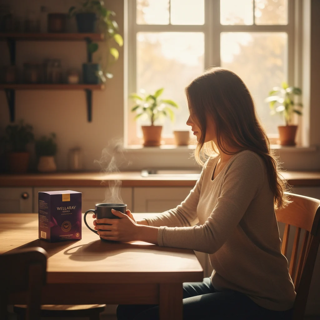 Anonymous person from behind enjoying a morning coffee at a bright kitchen table with Wellaray Coffee nearby